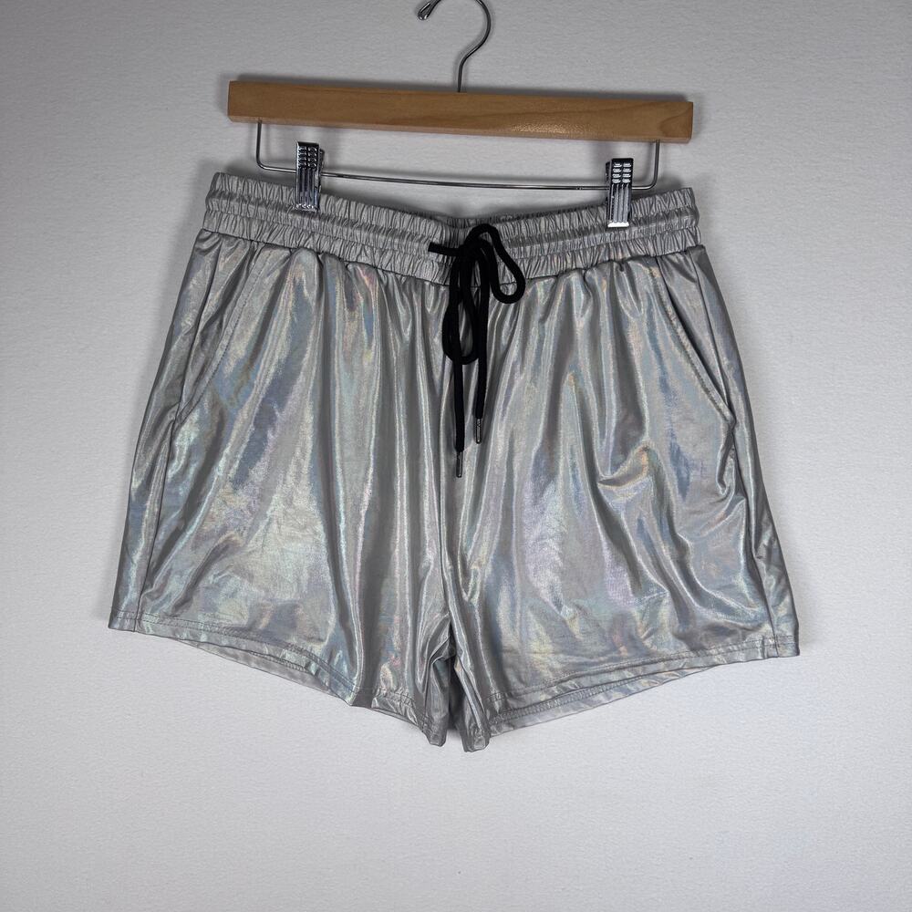 Chrome Metallic Shorts Womens Medium Silver Iridescent Drawstring Athletic Y2K